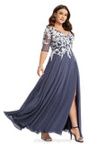Aria A-line V-Neck Floor-Length Chiffon Lace Evening Dress STIP0020852