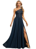 Aubrey A-line One Shoulder Illusion Sweep Train Chiffon Lace Evening Dress With Sequins STIP0020780