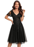 Ariana A-line V-Neck Knee-Length Lace Tulle Cocktail Dress With Sequins STIP0020878