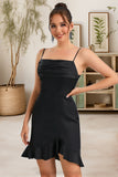 Lisa Sheath/Column Straight Short/Mini Silky Satin Homecoming Dress With Ruffle STIP0020482