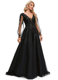 Bailee Ball-Gown/Princess V-Neck Sweep Train Lace Tulle Prom Dresses With Sequins STIP0020894