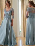 Arely A-Line/Princess Satin Applique V-neck 3/4 Sleeves Floor-Length Mother of the Bride Dresses STIP0020381