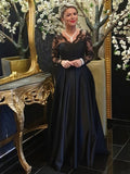Emily A-Line/Princess Satin Lace V-neck Long Sleeves Sweep/Brush Train Mother of the Bride Dresses STIP0020439