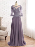 Ruby A-Line/Princess Chiffon Lace Scoop 3/4 Sleeves Sweep/Brush Train Mother of the Bride Dresses STIP0020455