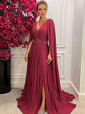 Giselle A-Line/Princess Chiffon Ruched V-neck Long Sleeves Court Train Mother of the Bride Dresses STIP0020287