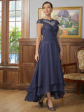 Averie A-Line/Princess Chiffon Applique Scoop Short Sleeves Asymmetrical Mother of the Bride Dresses STIP0020307