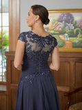 Averie A-Line/Princess Chiffon Applique Scoop Short Sleeves Asymmetrical Mother of the Bride Dresses STIP0020307