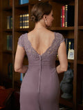 Ava Sheath/Column Chiffon Lace V-neck Short Sleeves Floor-Length Mother of the Bride Dresses STIP0020339