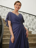 Ashlee A-Line/Princess Chiffon Beading V-neck Short Sleeves Asymmetrical Mother of the Bride Dresses STIP0020312