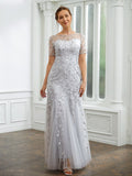 Zoe A-Line/Princess Tulle Ruched Bateau Short Sleeves Ankle-Length Mother of the Bride Dresses STIP0020261