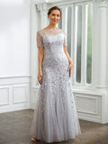 Zoe A-Line/Princess Tulle Ruched Bateau Short Sleeves Ankle-Length Mother of the Bride Dresses STIP0020261