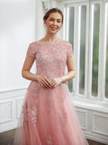 Zoey A-Line/Princess Tulle Applique Bateau Short Sleeves Floor-Length Dresses STIP0020242