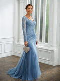 Patricia Sheath/Column Tulle Applique V-neck Long Sleeves Sweep/Brush Train Mother of the Bride Dresses STIP0020244