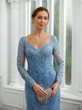 Patricia Sheath/Column Tulle Applique V-neck Long Sleeves Sweep/Brush Train Mother of the Bride Dresses STIP0020244
