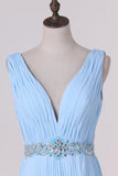 2024 V Neck Prom Dresses A Line Backless Floor Length With Beading P4MF41S1