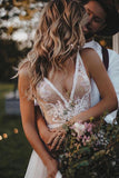 Flowy A Line V Neck Tulle Wedding Dresses with Beads Lace Appliques, Beach Bridal Dresses STI15517