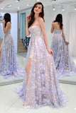 Charming Sweetheart Strapless Lace Appliques Lilac Prom Dresses with STI15632