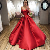 Red Ball Gown Off the Shoulder V Neck Satin Prom Dresses, Evening STI20432