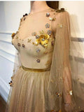 Elegant 3D Flowers Long Sleeve Prom Dresses Golden Rhinestone Evening Dresses STI15143