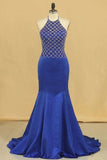 2024 Dark Royal Blue Halter Mermaid Prom Dresses Beaded Bodice Satin Sweep P3MRS869