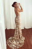 Sexy Mermaid V Neck Lace Appliques Long Prom Dresses Spaghetti Straps Formal STIPJE6FLPT
