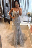 Unique Spaghetti Straps Mermaid Grey V-neck Prom Dresses with Applique STI15467