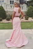 New Arrival 2 Piece Sweep Train Pearl Pink Prom Dress with Pearl Open Back
