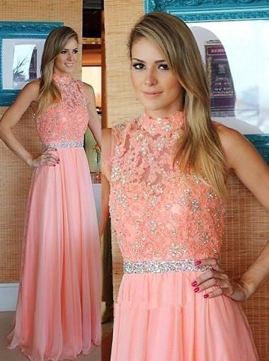 Nectarean High Neck Floor-Length Sleeveless Peach Prom Dress with Beading Lace Top