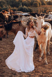 Lace Two Pieces Long Sleeves Ivory Boho Wedding Dress Chiffon Beach Wedding Gowns STI14978