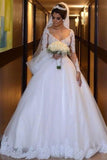 2024 V Neck Long Sleeves A Line Wedding Dresses Tulle With Applique P373B3SE