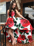 A Line Strapless High Low Red Rose Floral Satin Prom Dresses, Long Evening Dress STI15556