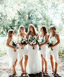 A Line Spaghetti Straps V Neck White Bridesmaid Dresses with Tea Length, Prom Dresses STI15495