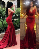 Chic Red Spaghetti Straps Mermaid V Neck Prom Dresses with Appliques, Formal Dresses STI15571