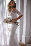 2 Pieces Ivory Lace Mermaid Off the Shoulder Wedding Dresses, Beach Wedding Gowns STI14986