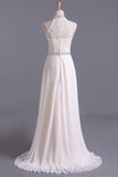 2024 Hot High Neck Prom Dresses A Line Chiffon & Lace With P7XEYR4K