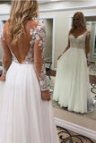A Line Floor Length Long Sleeves V Neck Tulle Beach Wedding Dress P7RERG85