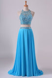 2024 Two-Piece A Line Prom Dresses Beaded Bodice Open Back Chiffon PTDR46S4