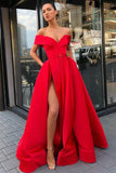 Off the Shoulder Red Satin V Neck Long Prom Dresses, High Slit Party Dresses with Pockets STI15271