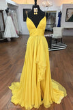 Simple Spaghetti Straps A Line Yellow Ruffles V Neck Prom Dresses, Evening Dresses STI15400