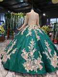 Ball Gown Long Sleeve Satin Beads Prom Dresses, Quinceanera Dresses with Appliques STI15059