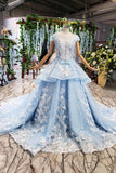 Light Sky Blue Gorgeous Prom Dress With Flowers Ball Gown Quinceanera Dress PZDMKHBY
