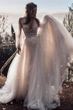 A Line Long Sleeves Ivory V Neck Beach Wedding Dresses with Lace Appliques, Bridal Dresses STI15491