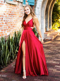 Simple Red V Neck A Line Satin Split Long Prom Dresses