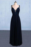 Dark Navy Blue Straps Floor Length Evening Dresses Long Chiffon Prom Dress PQPAS6HS