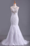 2024 Scoop Wedding Dresses Mermaid/Trumpet Sweep Train Tulle With Applique PMF2LKQH