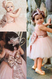 Cute Lace Pink V Back Flower Girl Dress with Bowknot, Round Neck Child Dresses STI15574
