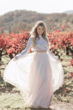 Two Pieces Long Sleeves Lace Appliques Blush Pink Wedding Dresses, Beach Wedding Dress STI15538