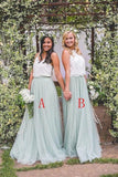 2 Pieces Tulle Ivroy And Mint Long Simple Cheap Elegant Bridesmaid Dresses STI15543