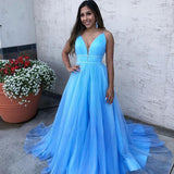 A Line Sky Blue Spaghetti Straps V Neck Tulle Prom Dresses, Cheap Evening Dresses STI15554