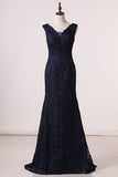 2024 Evening Dresses V Neck With Beading Sweep Train Lace PSRMXDPS